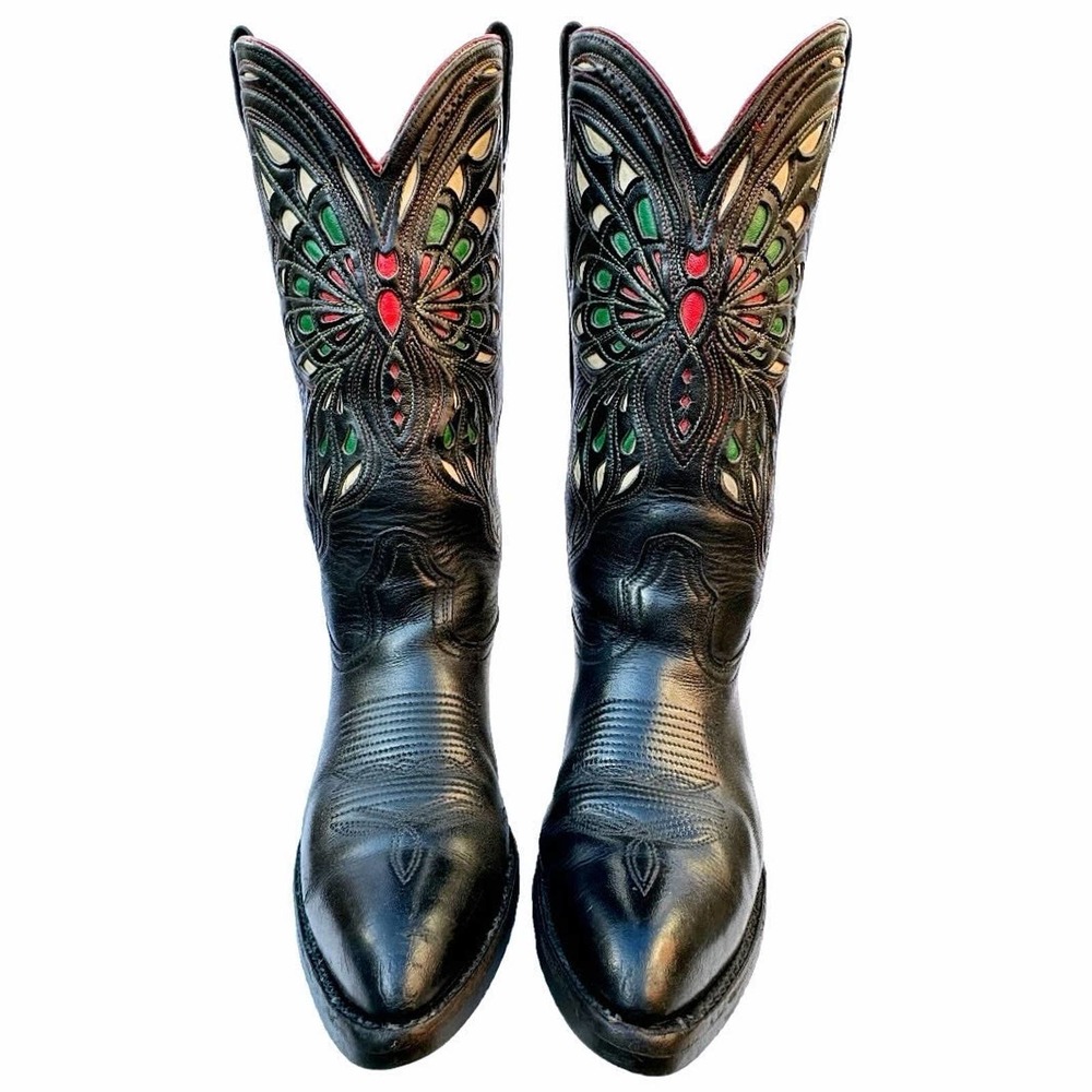 ACME Vintage Butterfly Black Green Red Cowboy Western Boots Men's 8 Women's10